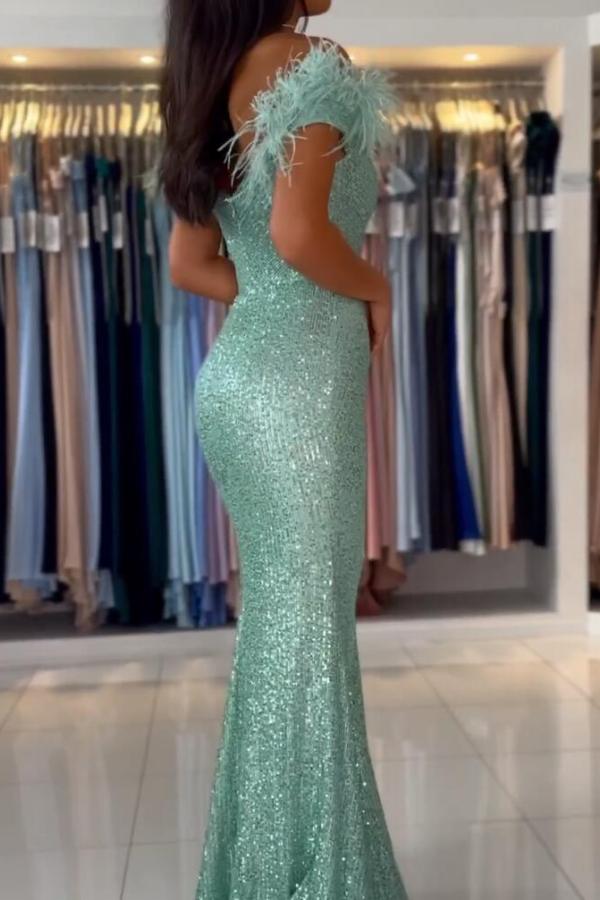 Mermaid Off-the-Shoulder Sequined Fur Long Prom Dresses with Split - Biztunnel