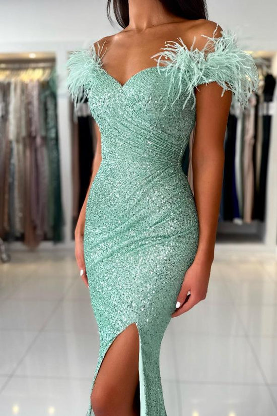 Mermaid Off-the-Shoulder Sequined Fur Long Prom Dresses with Split - Biztunnel
