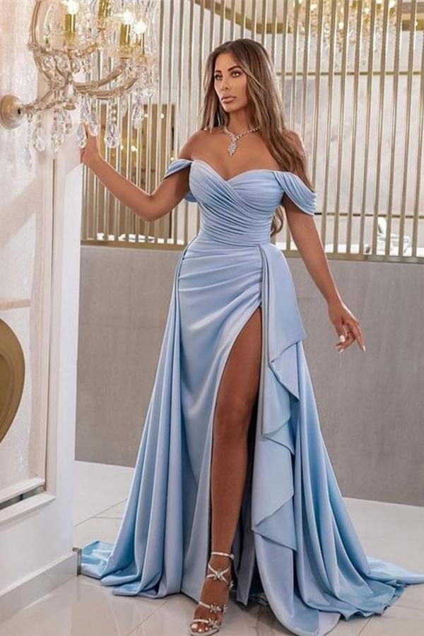 Long Mermaid Off the Shoulder Ruched Satin Formal Prom Dress with Slit-BIZTUNNEL