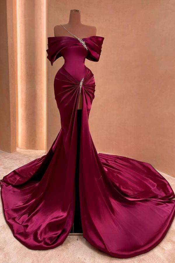 Load image into Gallery viewer, Mermaid Off-the-shoulder Satin Long Split Front Prom Dresses With Beads - Biztunnel
