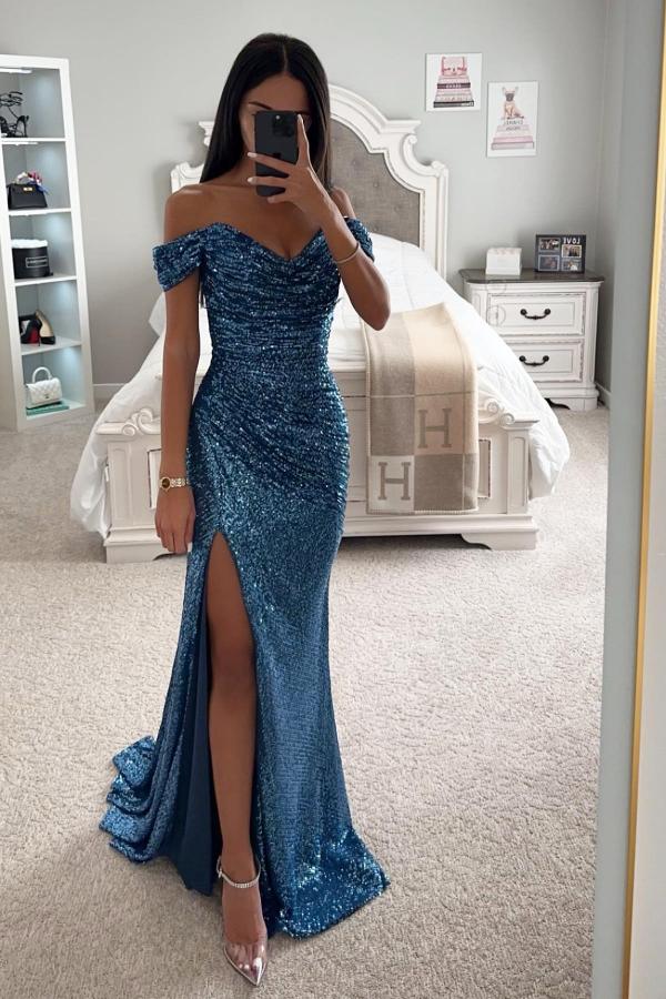 Mermaid Off-the-shoulder Sweetheart Sequined Long Prom Dresses With Split - Biztunnel