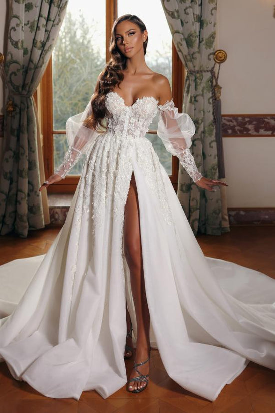 Cargar imagen en el visor de la Galería, Off-the-Shoulder A-Line Long Sleeves Tulle Lace Wedding Dresses With Split - Biztunnel

