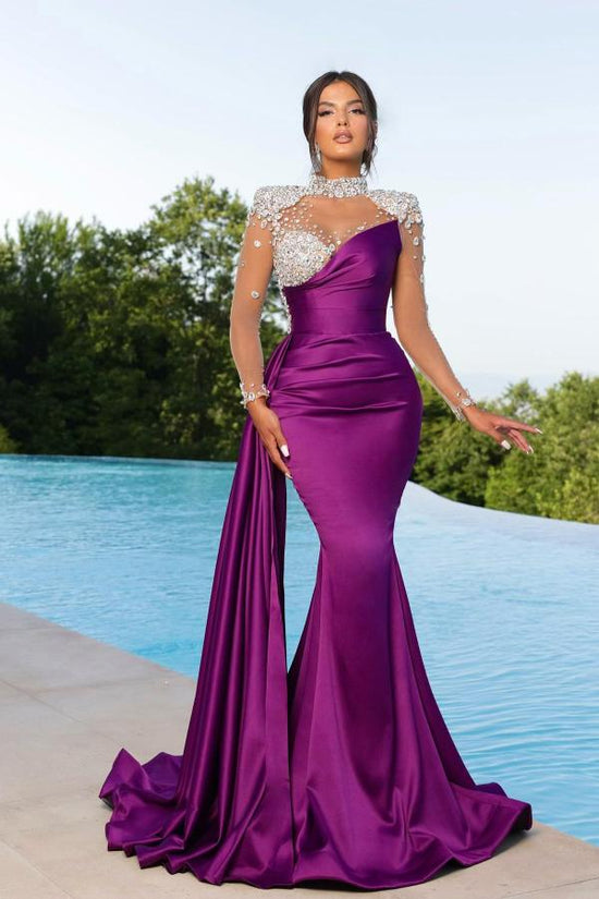 Long Purple Mermaid High Neck Satin Beading Prom Dresses with Sleeves - Biztunnel