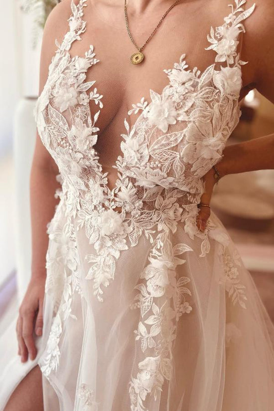 A-Line V-neck Chiffon Lace Open Back Long Wedding Dresses With Split - Biztunnel
