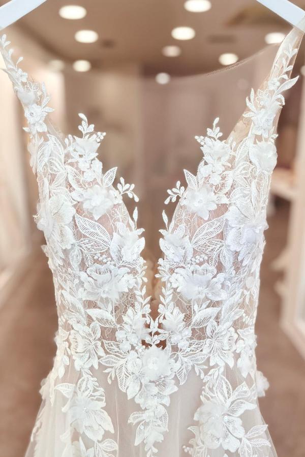 A-Line V-neck Chiffon Lace Open Back Long Wedding Dresses With Split - Biztunnel