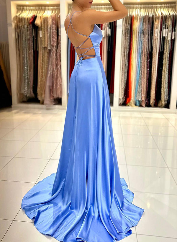 A-Line V-Neck Sleeveless Satin Prom Dress With Split Front and Sweep Train - Biztunnel