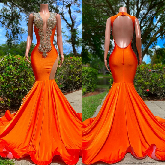 Vibrant Orange Prom Dress - V Neckline Sleeveless Mermaid Style with Appliques