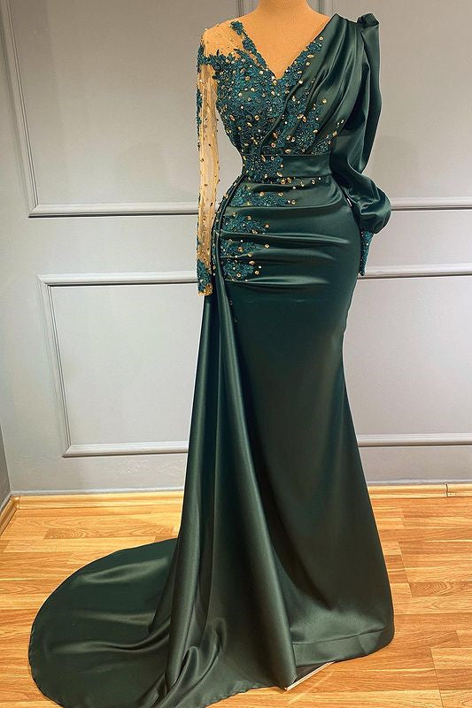 Dark Green V-Neck Long Sleeves Evening Dress with Beadings and Lace Appliques