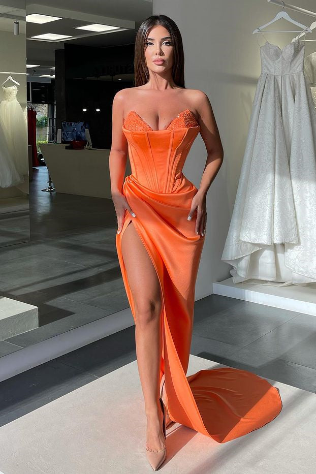 Sleeveless V-Neck Orange Mermaid Beads Prom Dress With Split
