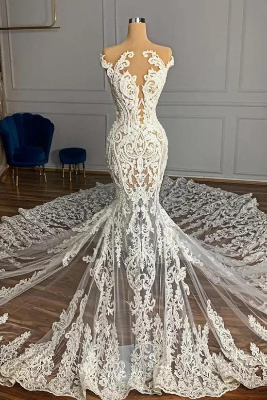 Cap Sleeves Lace Wedding Dress Mermaid Long On Sale - Biztunnel