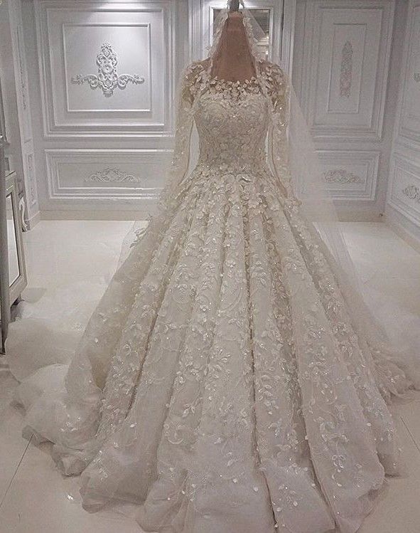 Chic A-line Jewel Longsleeves Wedding Dresses With Appliques Ivory Tulle Ruffles Bridal Gowns On Sale - Biztunnel