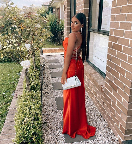 Red Evening Dress with Spaghetti Straps and Slit