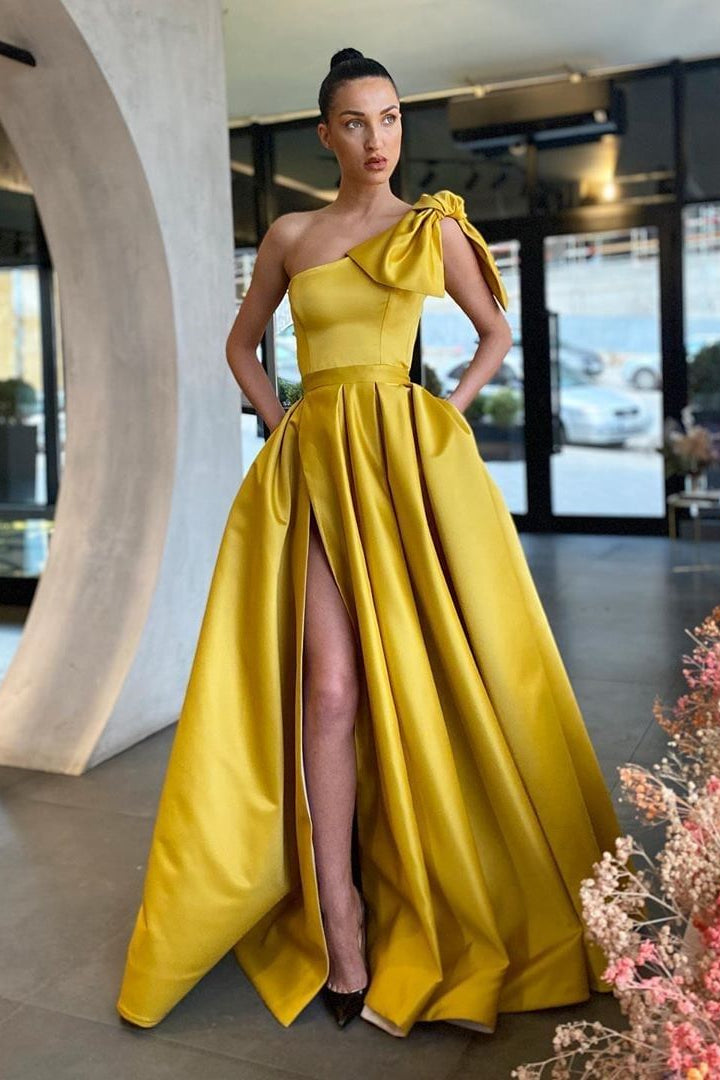 Yellow One-Shoulder Prom Dress With Split and Pockets