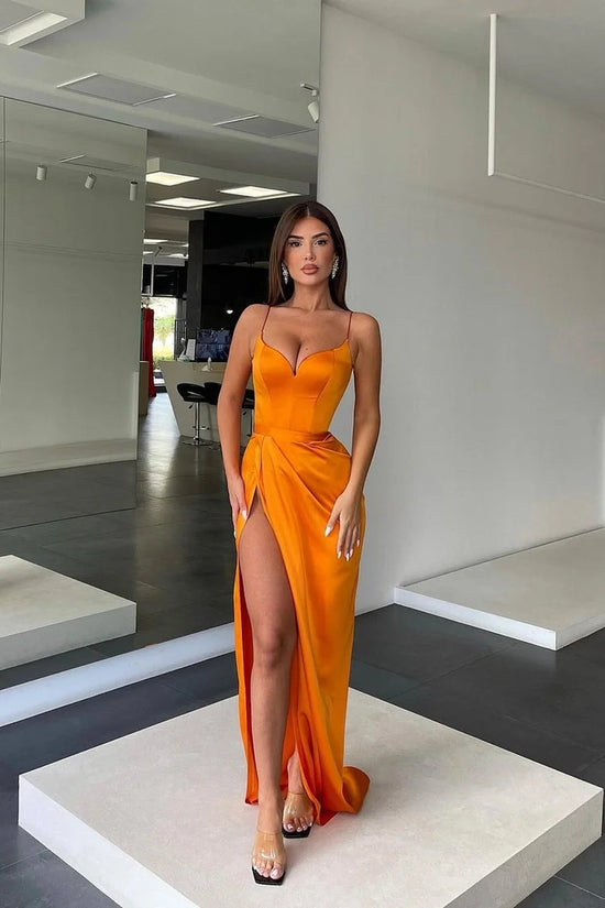 Charmeuse Sleeveless Spaghetti Strap Orange Prom Dress