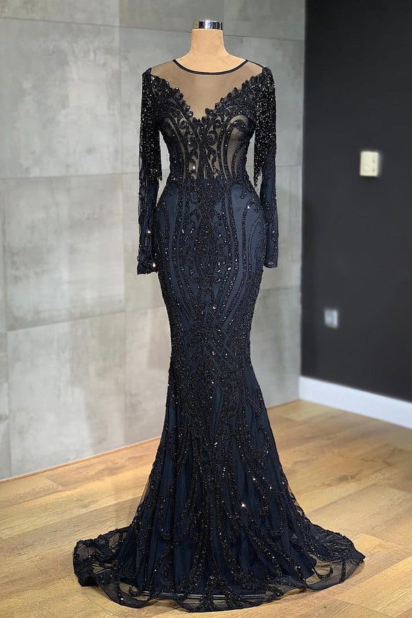 Elegant Black Mermaid Prom Dress with Long Sleeves and Tulle