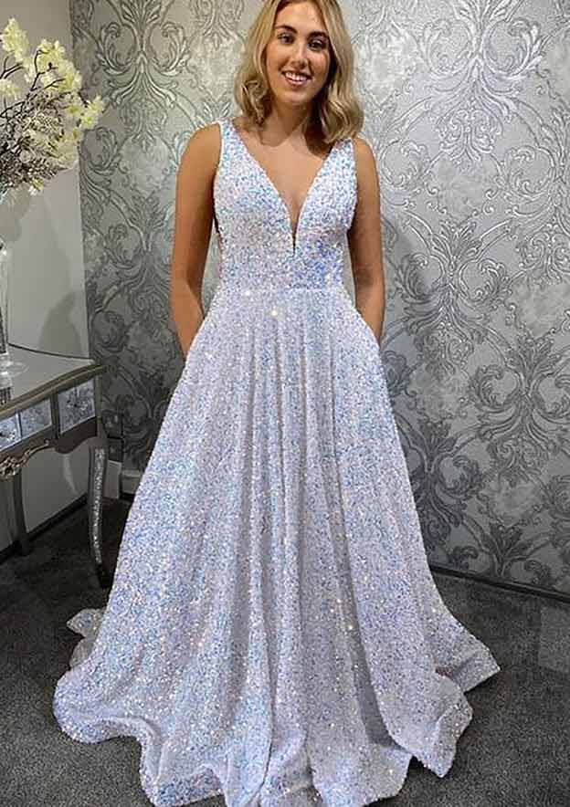 Elegant Princess A-line V Neck Sleeveless Velvet Sequins Long Prom Dress With Pockets - Biztunnel