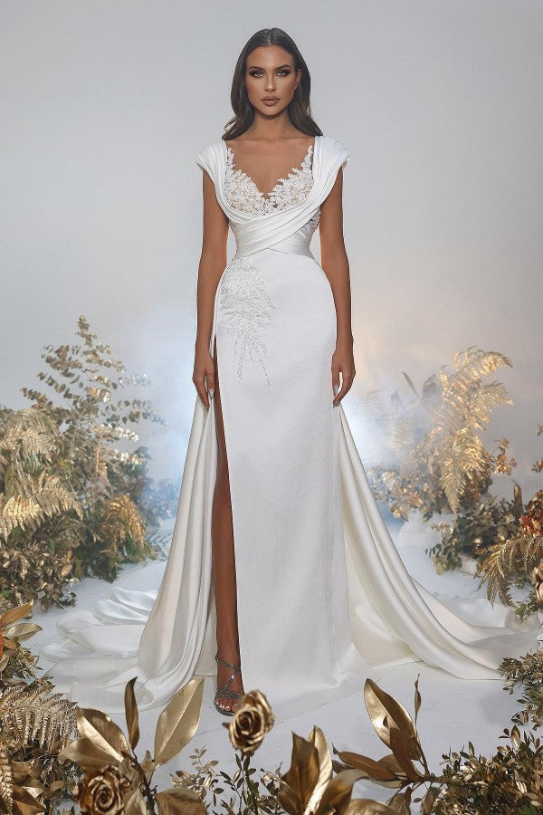 Charming Long Mermaid Sweetheart Satin Lace Wedding Dresses with Slit - Biztunnel
