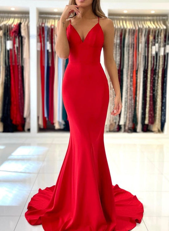 Red Trumpet/Mermaid Prom Dresses with V-Neck & Spaghetti Straps & Open Back - Biztunnel