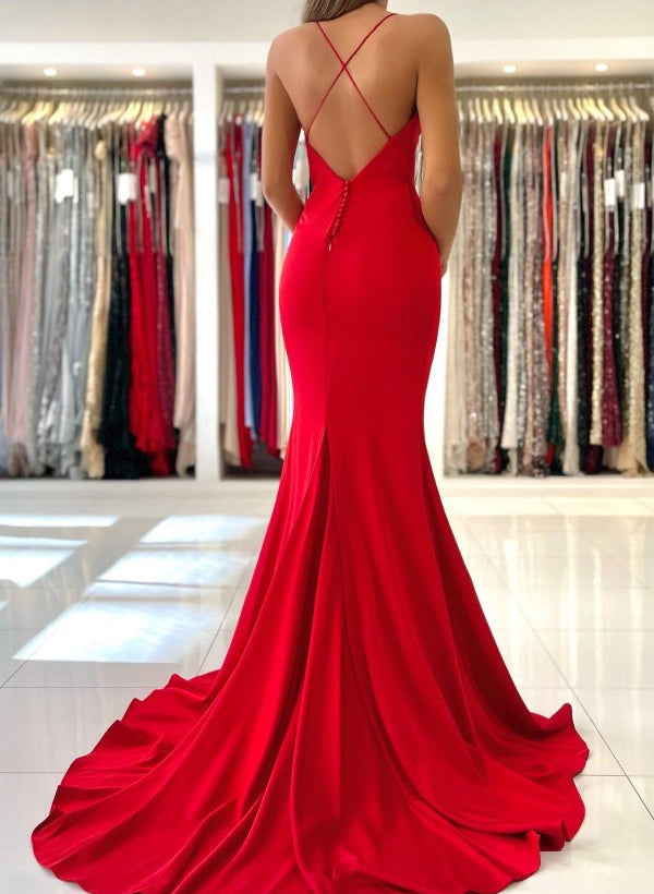 Red Trumpet/Mermaid Prom Dresses with V-Neck & Spaghetti Straps & Open Back - Biztunnel
