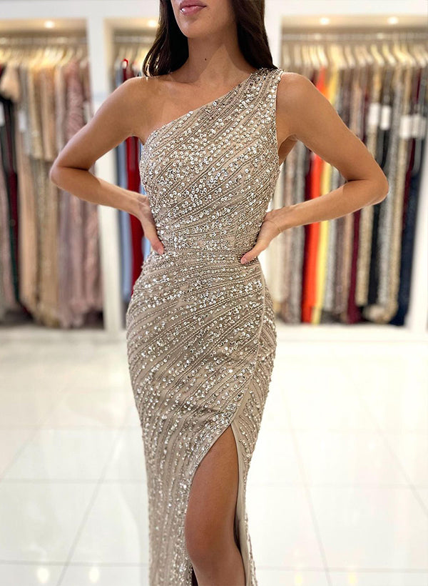 Sequined Split Front Prom Dress with Sequins and Sweep Train - Sheath/Column One-Shoulder Sleeveless - Biztunnel