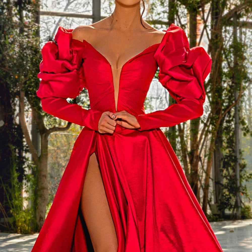 Sexy Red V Neck Bubble Sleeves Satin Long Prom Dress With Slit Sexy Red V Neck Bubble Sleeves Satin Long Prom Dress With Slit